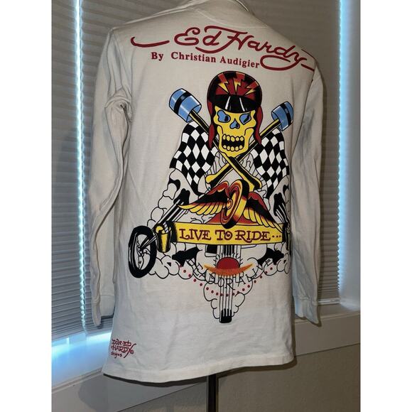 Ed Hardy Long Sleeve Dress Shirt Men’s Large Polo Live To Ride Graphics Skull - Picture 1 of 7
